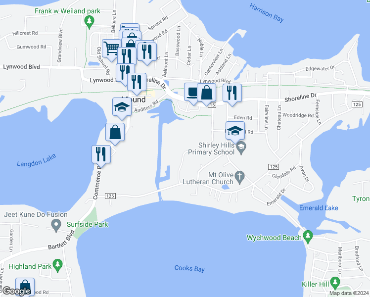 map of restaurants, bars, coffee shops, grocery stores, and more near 2447 Lost Lake Road in Mound