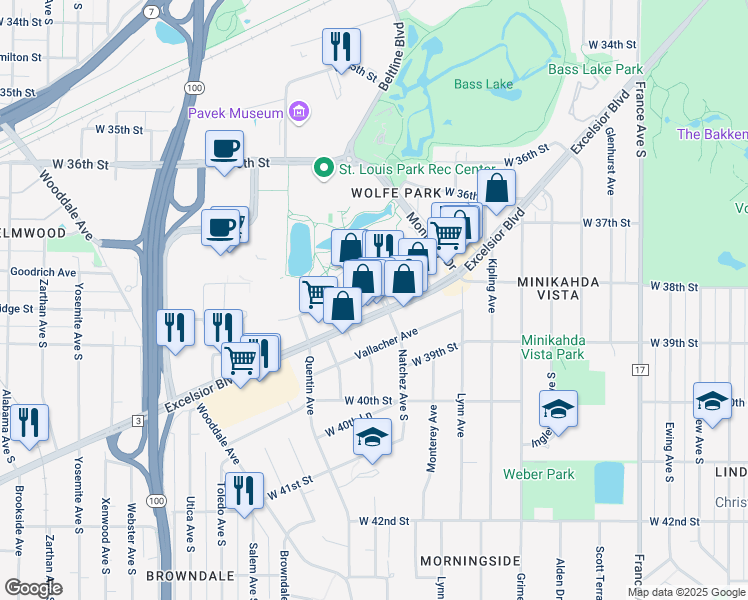 map of restaurants, bars, coffee shops, grocery stores, and more near 3820 Grand Way in St. Louis Park