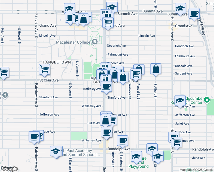 map of restaurants, bars, coffee shops, grocery stores, and more near 258 Snelling Avenue South in Saint Paul