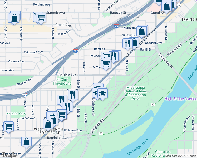 map of restaurants, bars, coffee shops, grocery stores, and more near 253 Richmond Street in Saint Paul