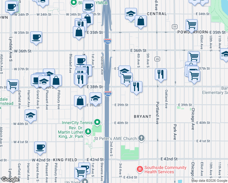 map of restaurants, bars, coffee shops, grocery stores, and more near in Minneapolis