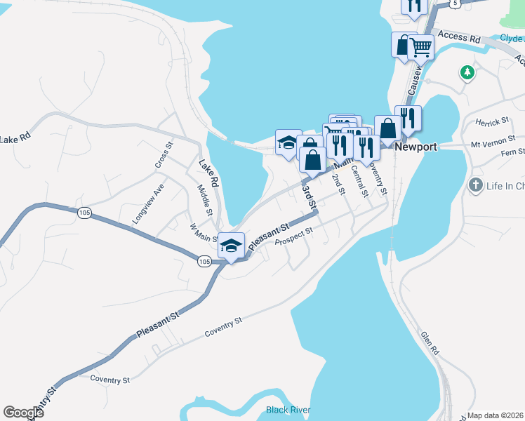 map of restaurants, bars, coffee shops, grocery stores, and more near 578 Main Street in Newport