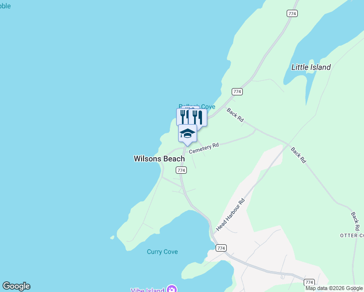 map of restaurants, bars, coffee shops, grocery stores, and more near 6 Pollock Cove Road in Wilsons Beach