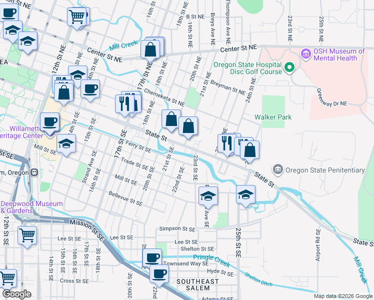 map of restaurants, bars, coffee shops, grocery stores, and more near 2211 State Street in Salem