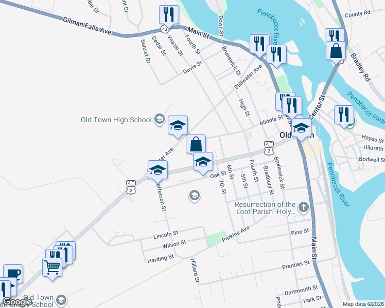 map of restaurants, bars, coffee shops, grocery stores, and more near 21 Elm Street in Old Town