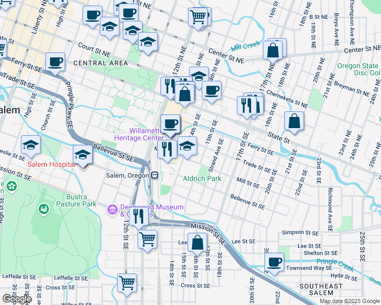 map of restaurants, bars, coffee shops, grocery stores, and more near 1425 Trade Street Southeast in Salem