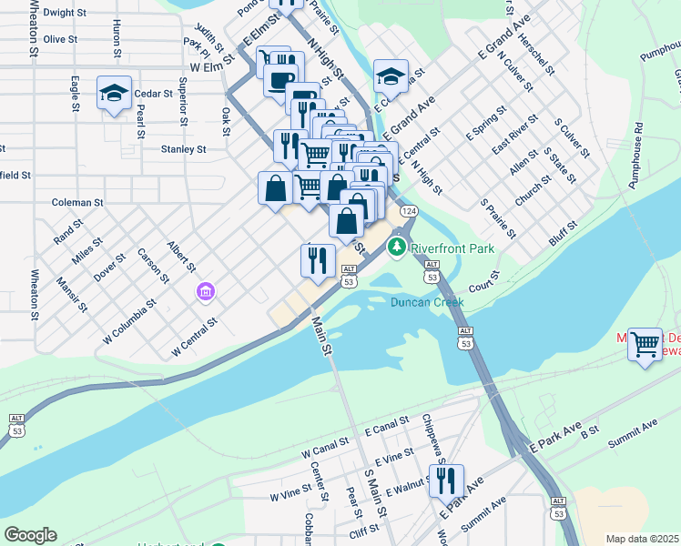 map of restaurants, bars, coffee shops, grocery stores, and more near 127 West Spring Street in Chippewa Falls