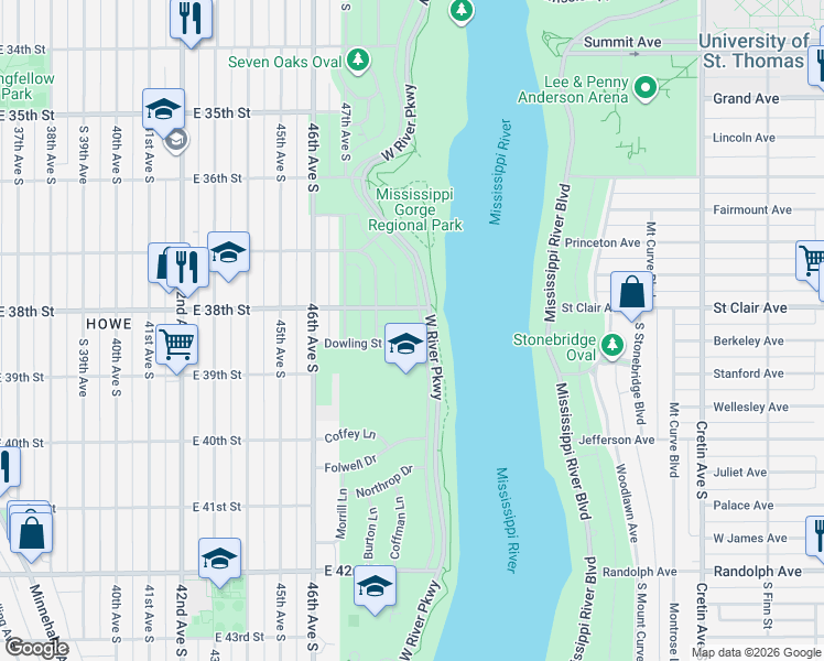 map of restaurants, bars, coffee shops, grocery stores, and more near 4821 East 38th Street in Minneapolis