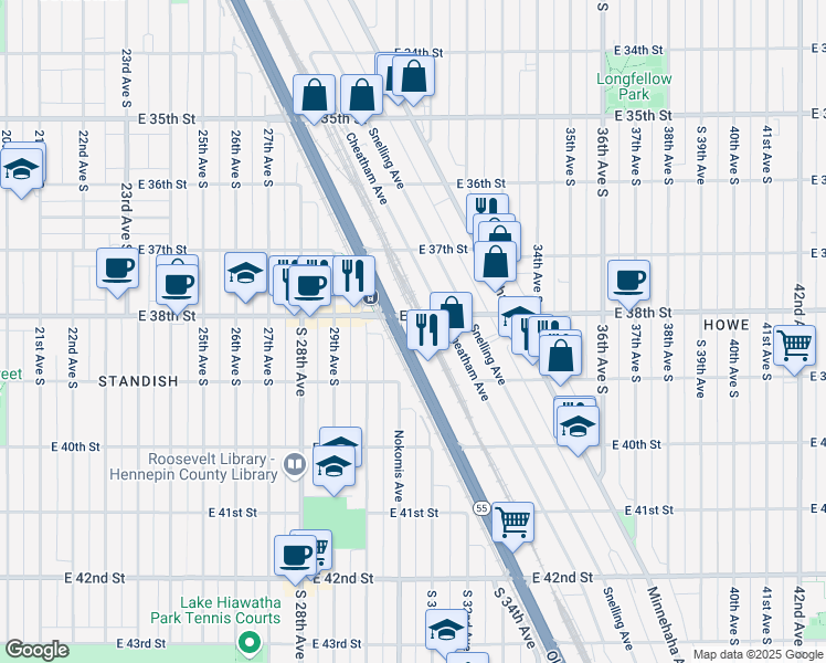 map of restaurants, bars, coffee shops, grocery stores, and more near 3025 East 38th Street in Minneapolis