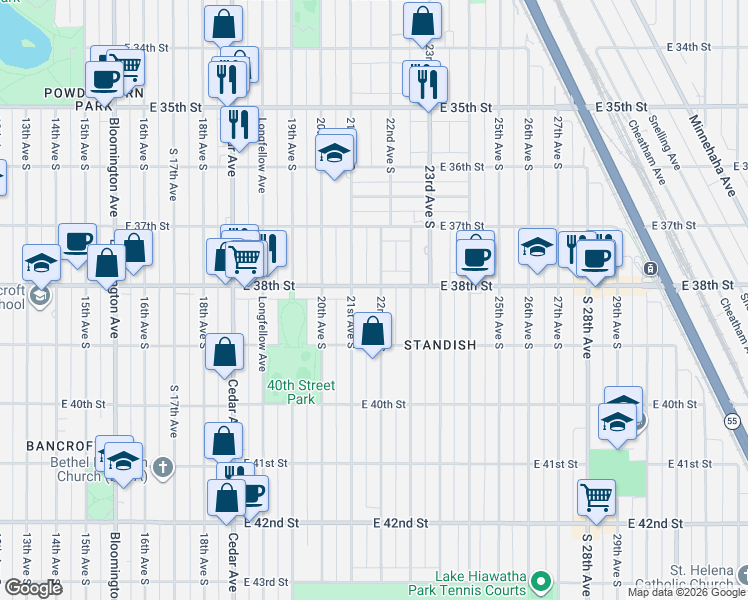 map of restaurants, bars, coffee shops, grocery stores, and more near 2109 East 38th Street in Minneapolis