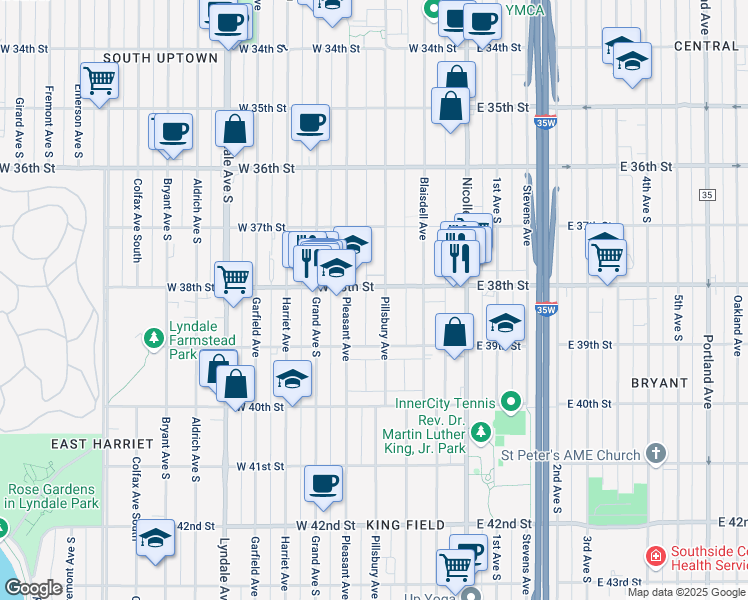map of restaurants, bars, coffee shops, grocery stores, and more near 217 West 38th Street in Minneapolis
