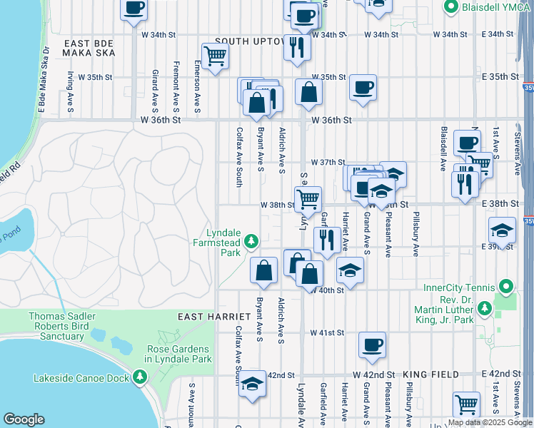 map of restaurants, bars, coffee shops, grocery stores, and more near in Minneapolis