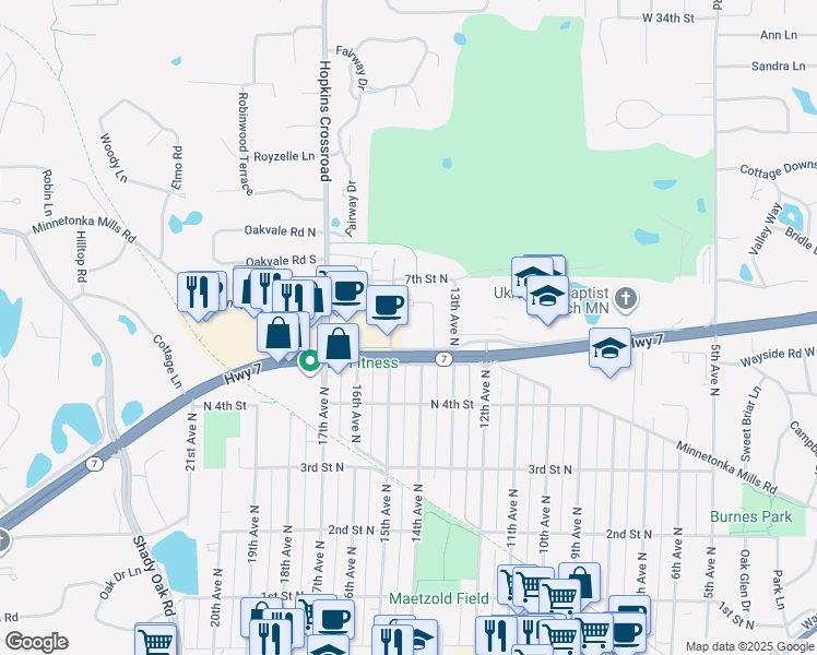 map of restaurants, bars, coffee shops, grocery stores, and more near 79 15th Avenue North in Hopkins