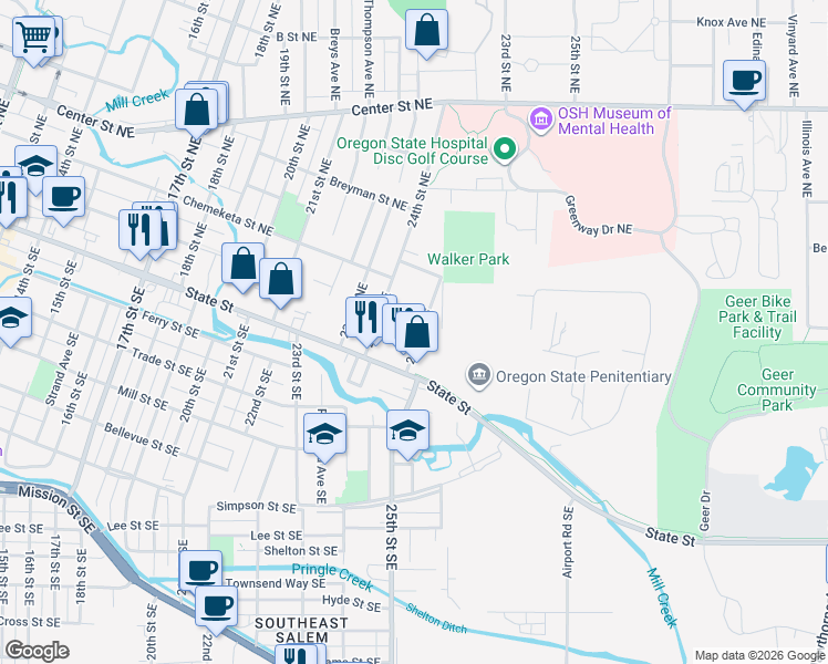 map of restaurants, bars, coffee shops, grocery stores, and more near 189 25th Street Northeast in Salem