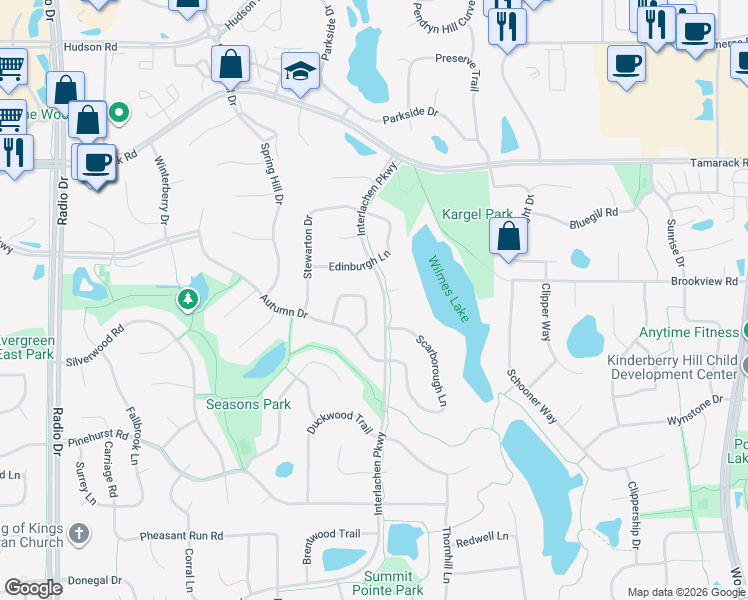 map of restaurants, bars, coffee shops, grocery stores, and more near 9112 Trotters Lane in Woodbury
