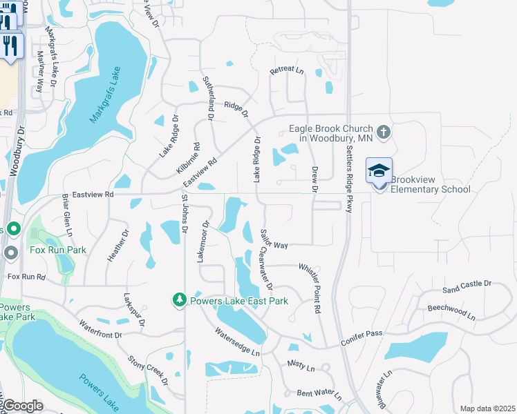 map of restaurants, bars, coffee shops, grocery stores, and more near 10705 Sailor Way in Woodbury