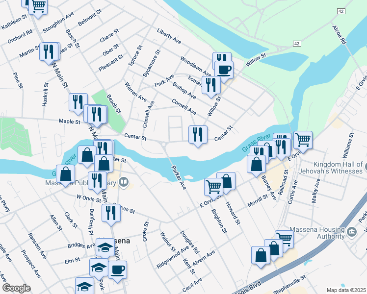 map of restaurants, bars, coffee shops, grocery stores, and more near 155 Center Street in Massena