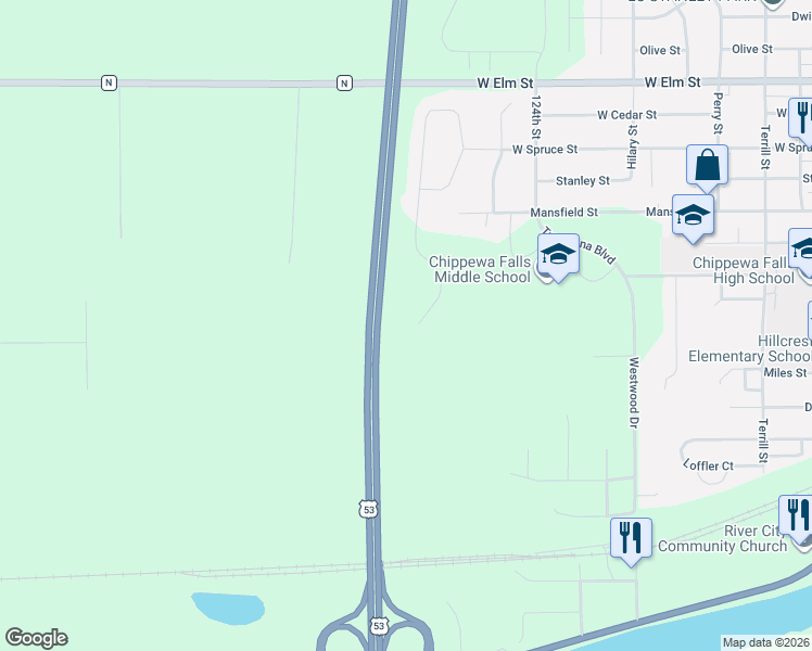 map of restaurants, bars, coffee shops, grocery stores, and more near U.S. 53 in Chippewa Falls