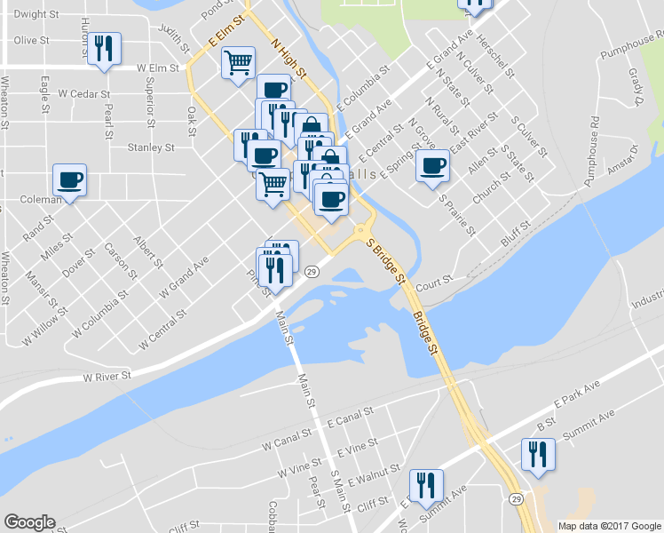 map of restaurants, bars, coffee shops, grocery stores, and more near 109 West River Street in Chippewa Falls