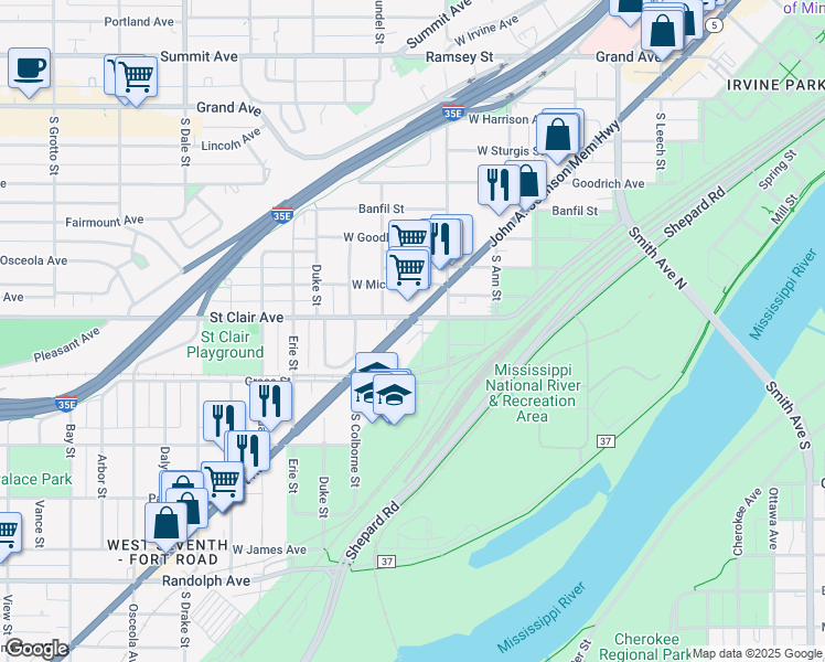map of restaurants, bars, coffee shops, grocery stores, and more near 242 Nugent Street in Saint Paul