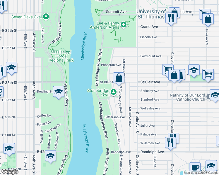 map of restaurants, bars, coffee shops, grocery stores, and more near 2276 Saint Clair Avenue in Saint Paul