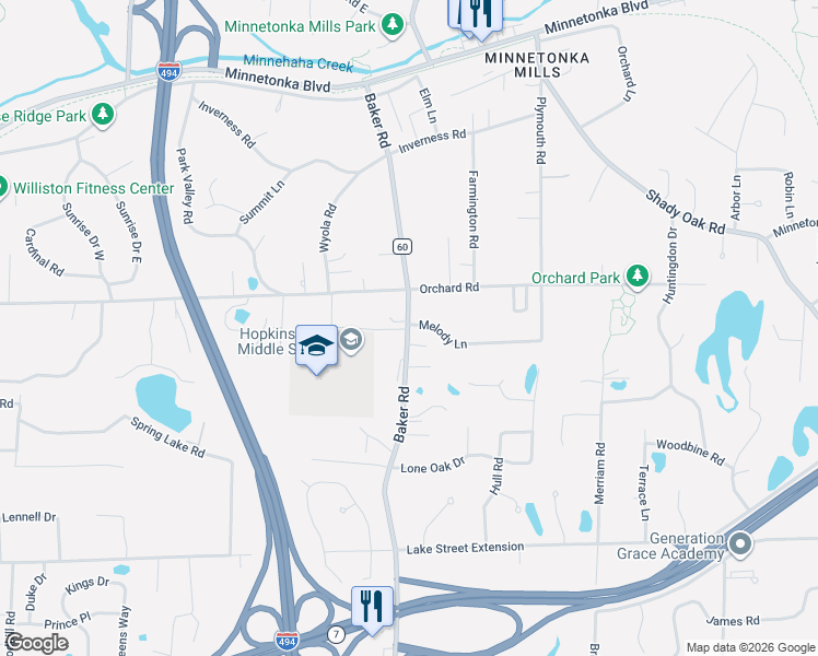 map of restaurants, bars, coffee shops, grocery stores, and more near 3820 Baker Road in Hopkins