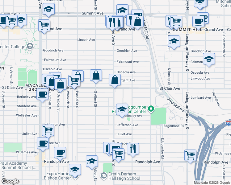 map of restaurants, bars, coffee shops, grocery stores, and more near 1320 Saint Clair Avenue in Saint Paul