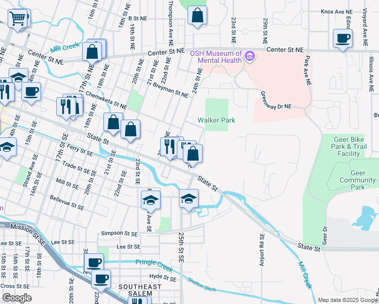 map of restaurants, bars, coffee shops, grocery stores, and more near 185 25th Street Northeast in Salem