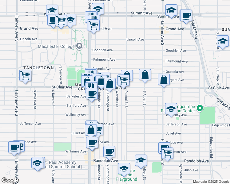 map of restaurants, bars, coffee shops, grocery stores, and more near 253 Warwick Street in Saint Paul
