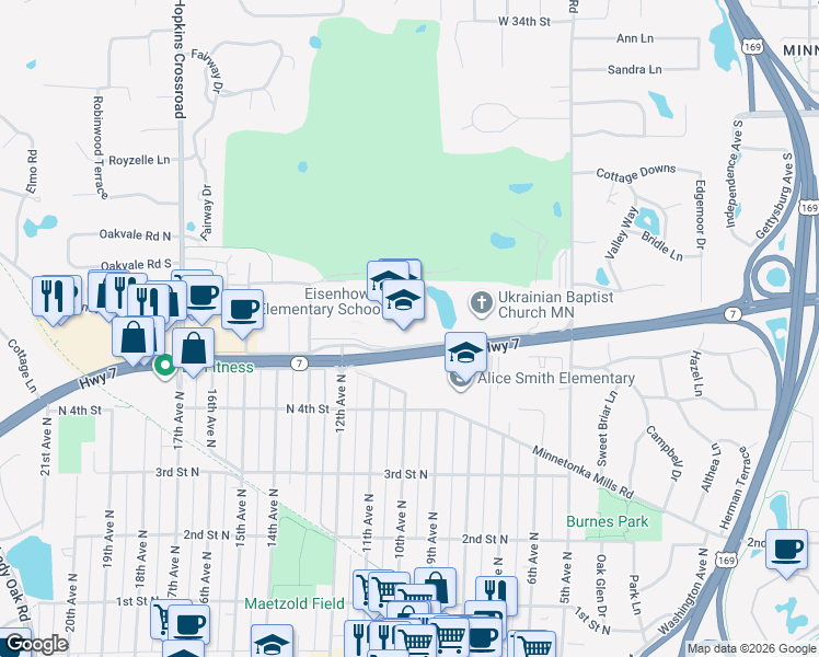 map of restaurants, bars, coffee shops, grocery stores, and more near 1001 Minnesota 7 in Hopkins