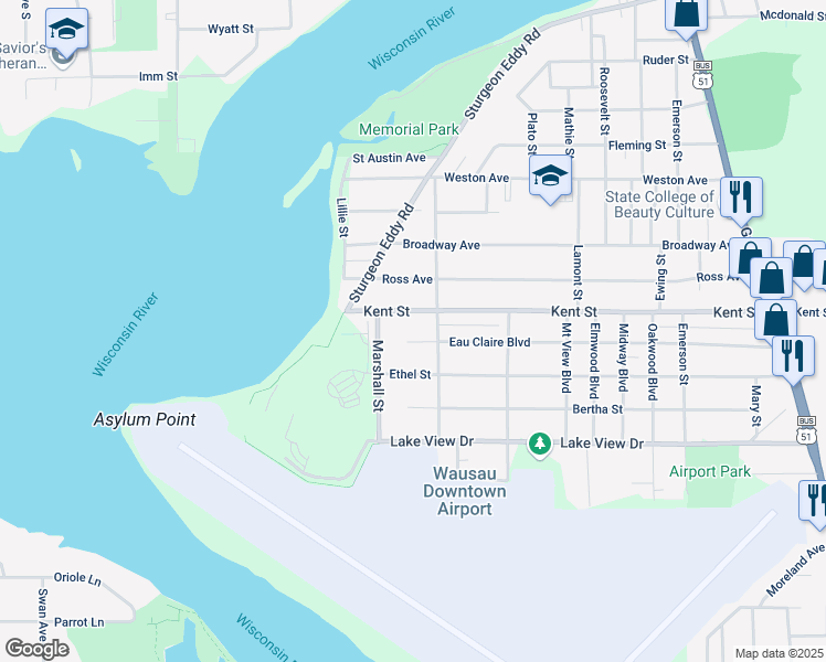 map of restaurants, bars, coffee shops, grocery stores, and more near 2206 Zimmerman Street in Wausau