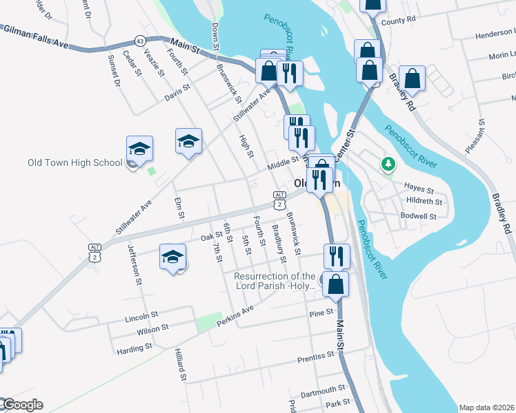 map of restaurants, bars, coffee shops, grocery stores, and more near 197 U.S. 2 Alternate in Old Town