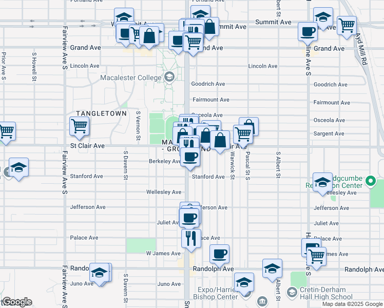 map of restaurants, bars, coffee shops, grocery stores, and more near in Saint Paul