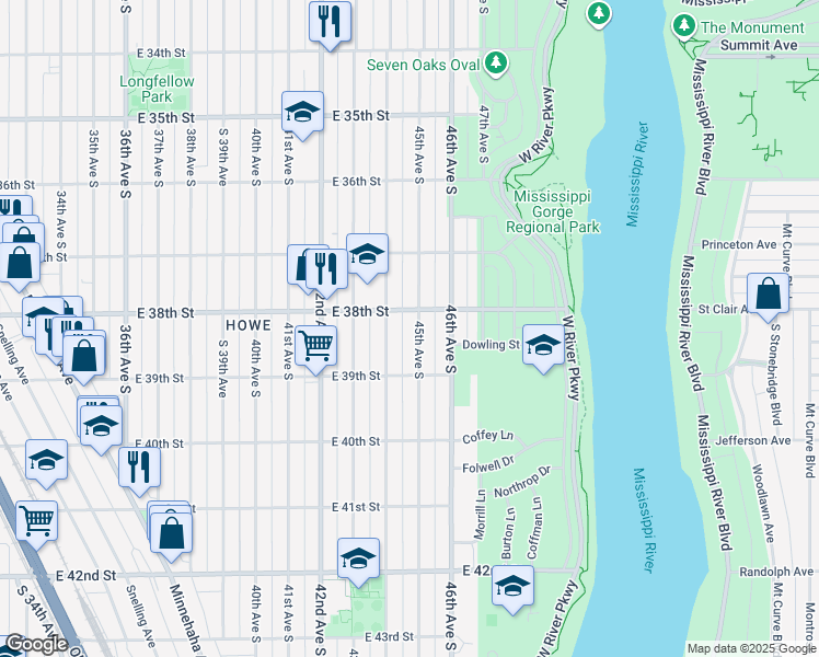 map of restaurants, bars, coffee shops, grocery stores, and more near 3805 44th Avenue South in Minneapolis