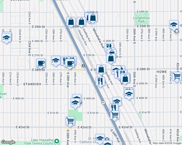 map of restaurants, bars, coffee shops, grocery stores, and more near 3025 East 38th Street in Minneapolis