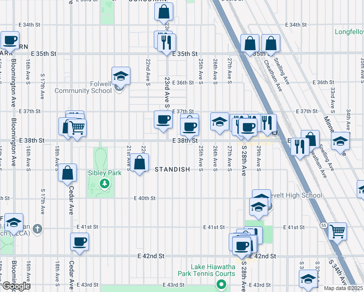 map of restaurants, bars, coffee shops, grocery stores, and more near 2403 East 38th Street in Minneapolis