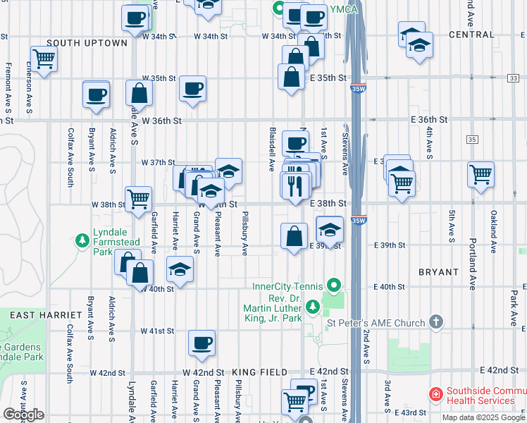 map of restaurants, bars, coffee shops, grocery stores, and more near 115 West 38th Street in Minneapolis