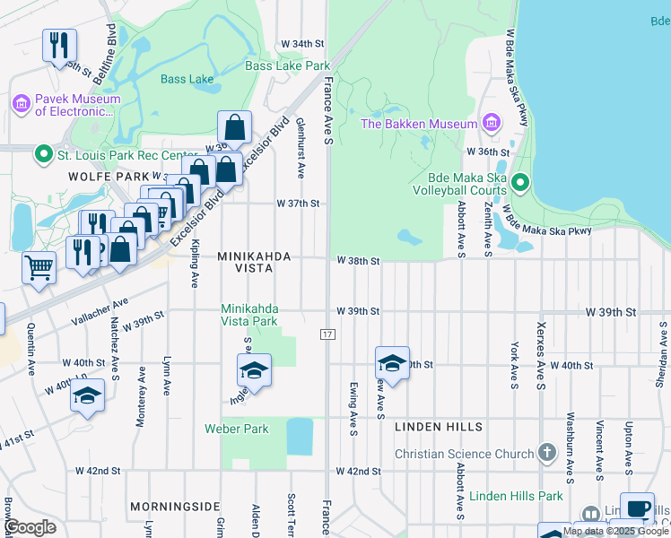 map of restaurants, bars, coffee shops, grocery stores, and more near 3825 West 38th Street in Minneapolis