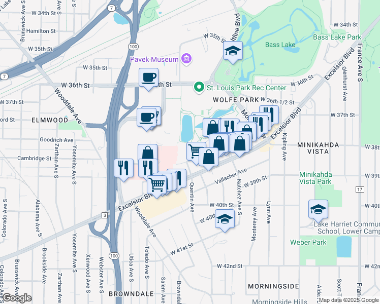 map of restaurants, bars, coffee shops, grocery stores, and more near 4820 Park Commons Drive in Minneapolis