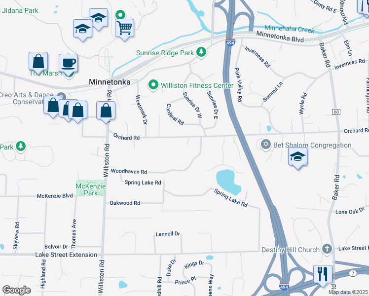map of restaurants, bars, coffee shops, grocery stores, and more near 14215 Orchard Road in Minnetonka