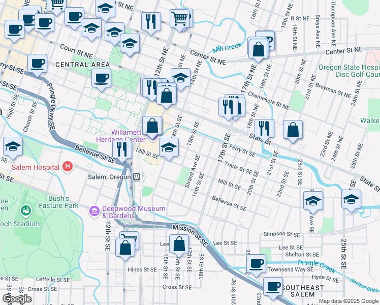 map of restaurants, bars, coffee shops, grocery stores, and more near 310 15th Street Southeast in Salem