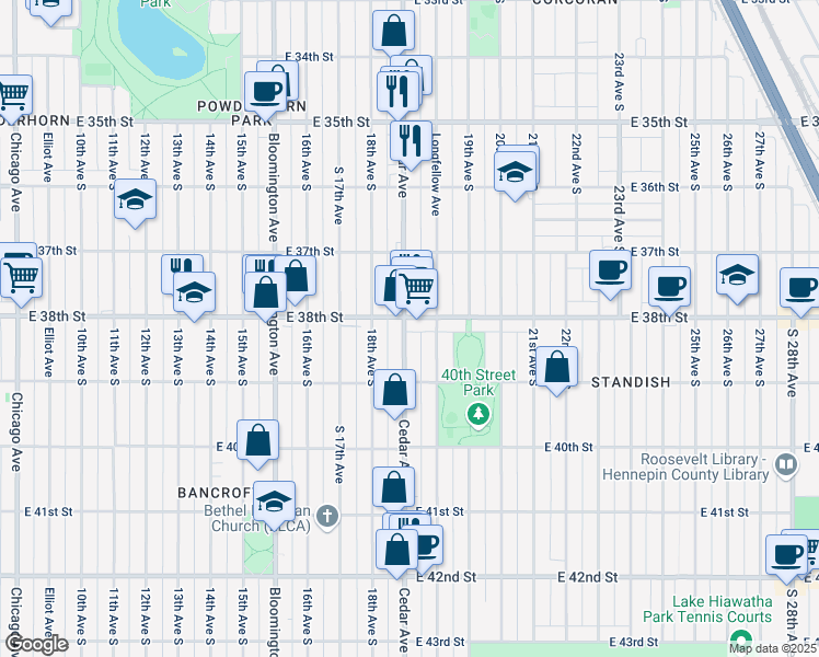 map of restaurants, bars, coffee shops, grocery stores, and more near in Minneapolis