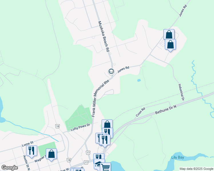 map of restaurants, bars, coffee shops, grocery stores, and more near 490 Muskoka Beach Road in Gravenhurst