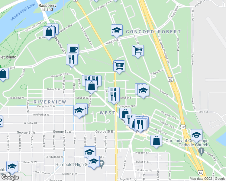 map of restaurants, bars, coffee shops, grocery stores, and more near 403 South Robert Street in Saint Paul