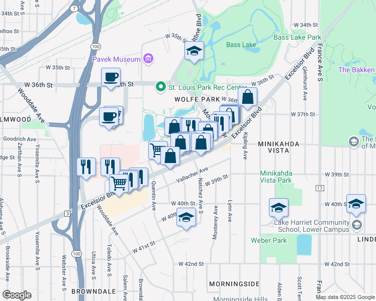 map of restaurants, bars, coffee shops, grocery stores, and more near 3820 Grand Way in Saint Louis Park