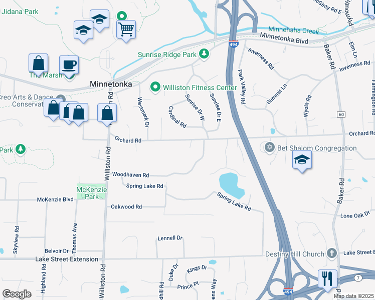 map of restaurants, bars, coffee shops, grocery stores, and more near 14215 Orchard Road in Minnetonka