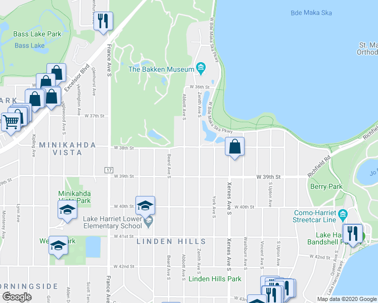 map of restaurants, bars, coffee shops, grocery stores, and more near 3801 Abbott Avenue South in Minneapolis