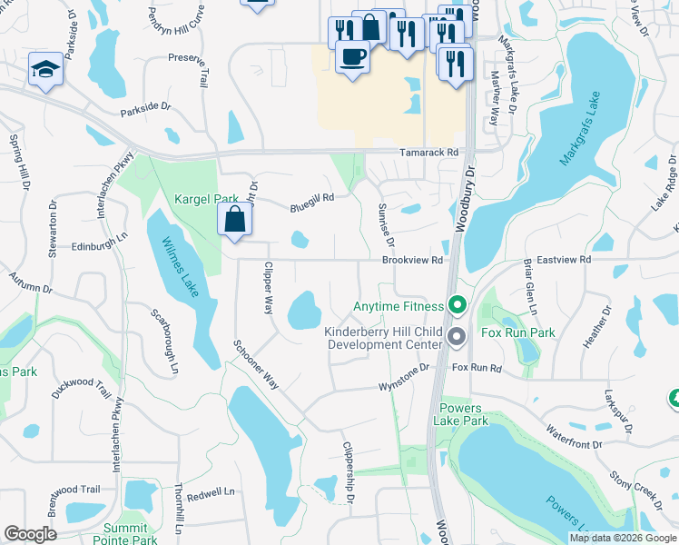 map of restaurants, bars, coffee shops, grocery stores, and more near 9675 Brookview Road in Woodbury