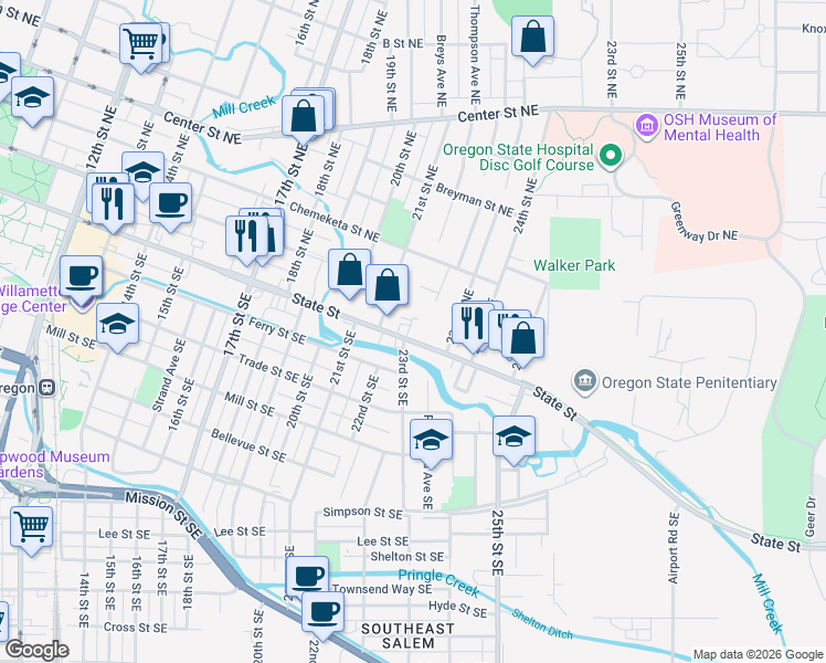 map of restaurants, bars, coffee shops, grocery stores, and more near 2305 State Street in Salem