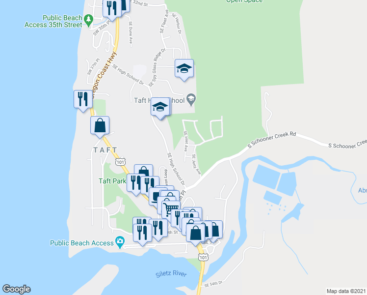 map of restaurants, bars, coffee shops, grocery stores, and more near 4311 Southeast Inlet Avenue in Lincoln City